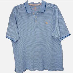 Tommy Bahama XL Blue White Striped Polo Shirt Marlin Logo Short Sleeve Casual